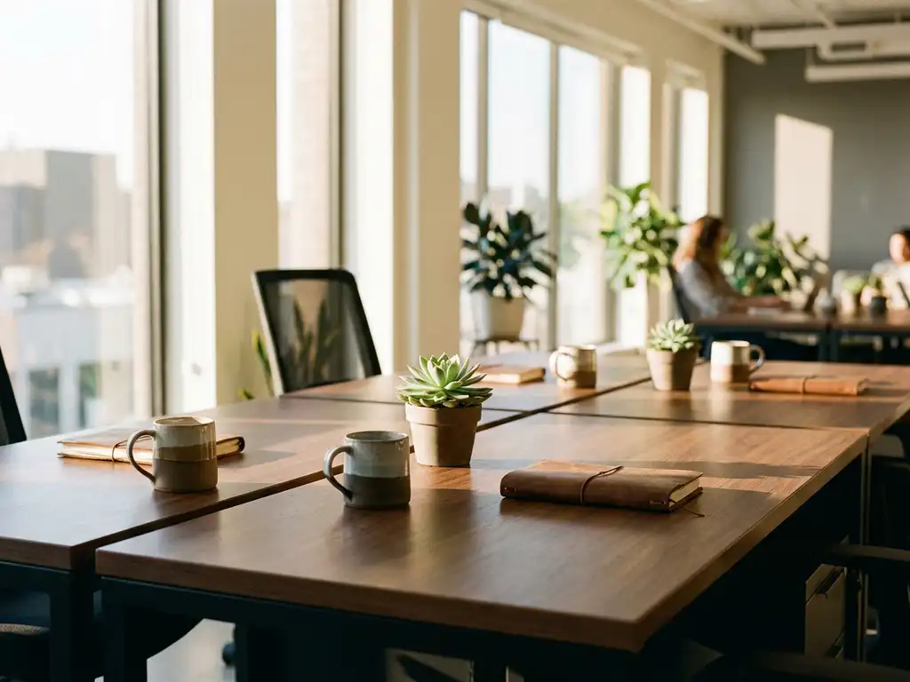 Three identical office workstations with matching coffee mug, succulent plant, and leather notebook arrangements in bright modern workspace with natural lighting