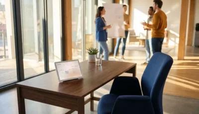 Modern office desk with digital tablet showing booking interface beside ergonomic chair in bright workspace with colleagues collaborating in background