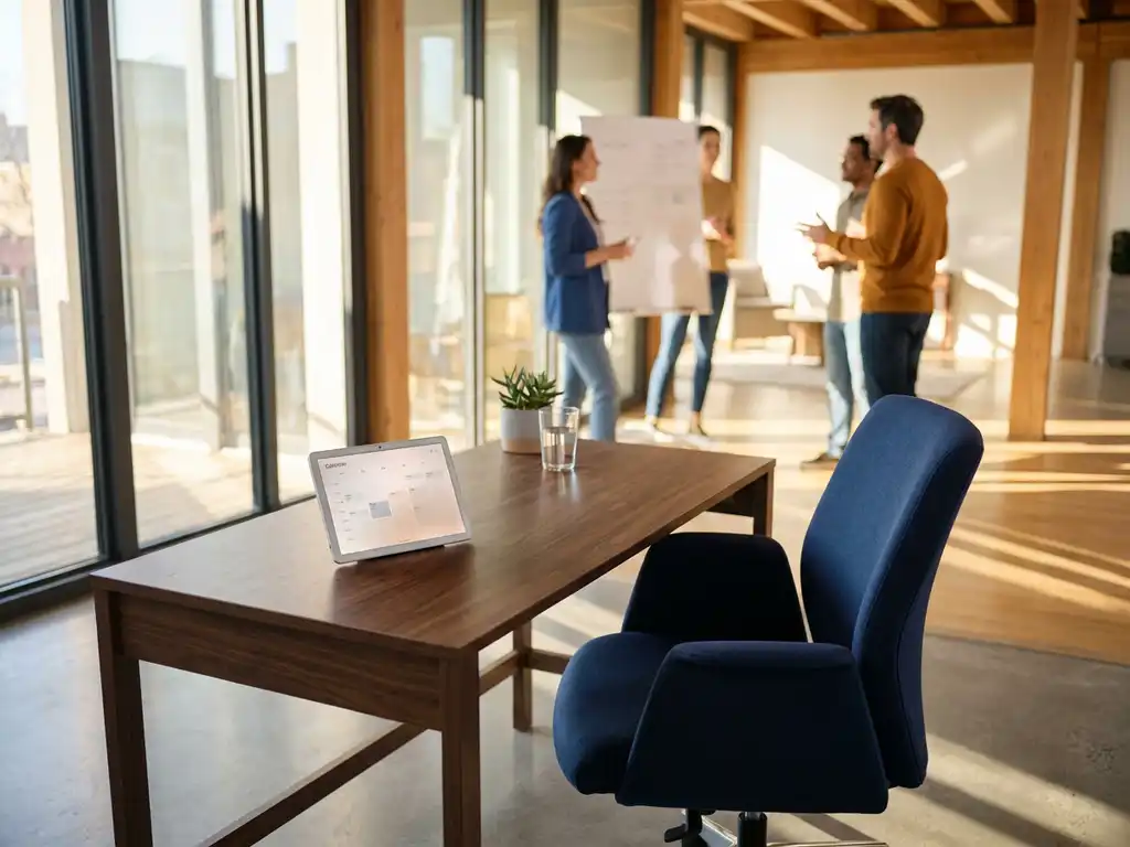 Modern office desk with digital tablet showing booking interface beside ergonomic chair in bright workspace with colleagues collaborating in background