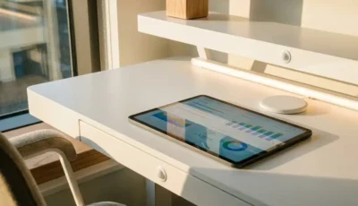 Moderne kontorbord med touchscreen-tablet, der viser farverige analyser, trådløs opladningsplade, LED-bånd og bevægelsessensorer i hvidt møbel, hvor naturligt sollys strømmer ind gennem vinduerne.