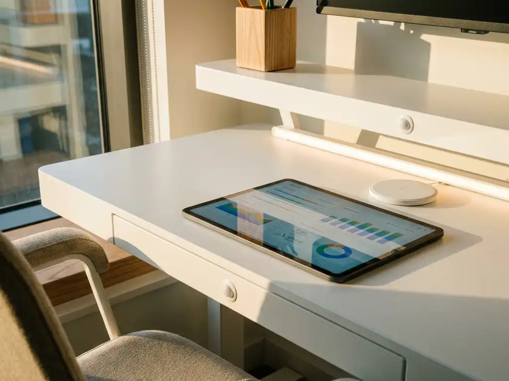 Moderne kontorbord med touchscreen-tablet, der viser farverige analyser, trådløs opladningsplade, LED-bånd og bevægelsessensorer i hvidt møbel, hvor naturligt sollys strømmer ind gennem vinduerne.
