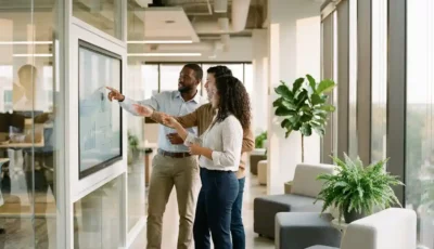 Business team collaborating around interactive touchscreen display in modern office with natural light and contemporary furniture
