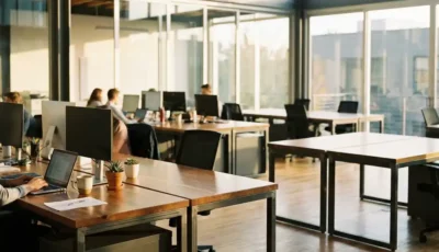 Modern open-plan office with mixed occupied and empty workstations, personal items on some desks, afternoon sunlight through windows