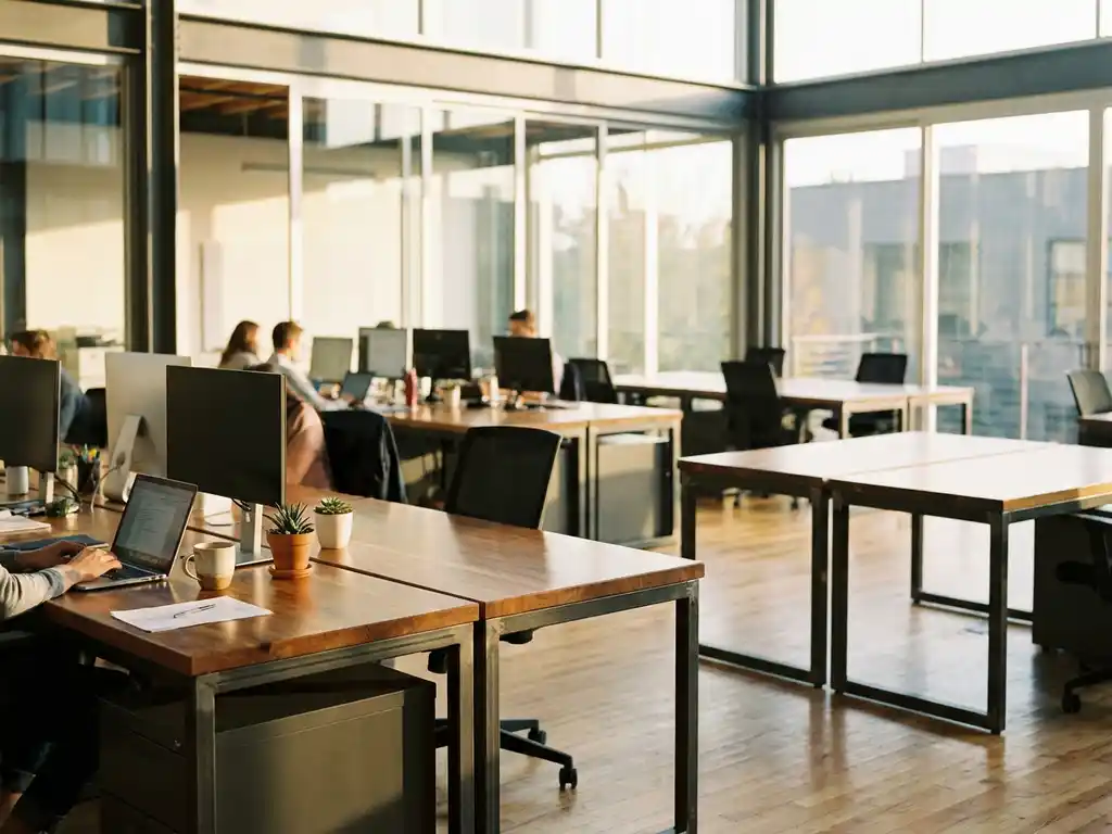 Modern open-plan office with mixed occupied and empty workstations, personal items on some desks, afternoon sunlight through windows