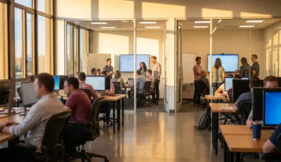Modern open-plan office with glass-walled meeting rooms, collaborative teams working, natural sunlight through floor-to-ceiling windows