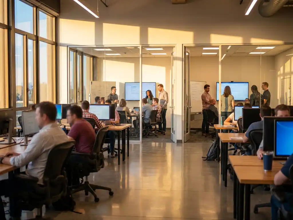 Modern open-plan office with glass-walled meeting rooms, collaborative teams working, natural sunlight through floor-to-ceiling windows