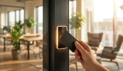 Svart NFC-kort som trykker mot smartleser på glassdør på kontoret med gult aktiveringslys, moderne arbeidsplass synlig bak