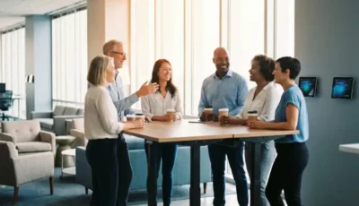 Diverse colleagues gathering around modern standing desk in bright open office with booking tablets and natural light