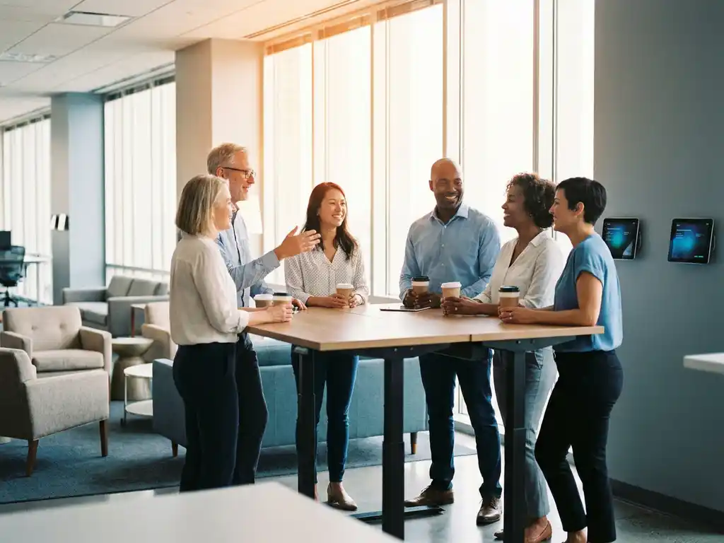 Diverse colleagues gathering around modern standing desk in bright open office with booking tablets and natural light