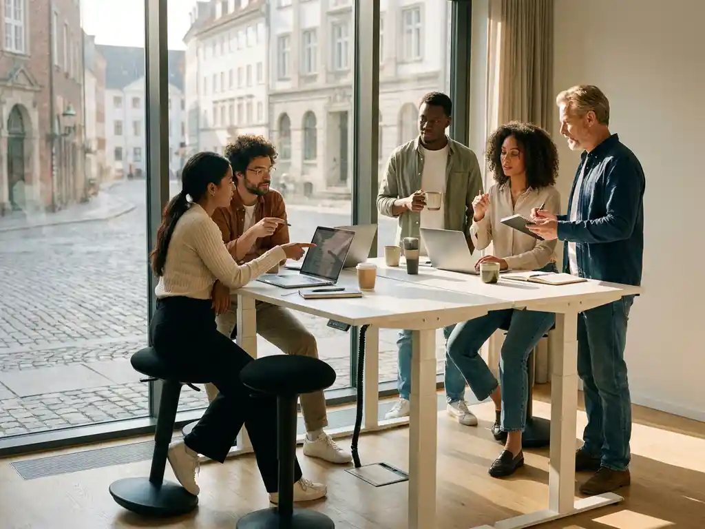 Diverse office workers collaborating around white standing desk with laptops and coffee cups, golden hour sunlight streaming through windows overlooking European cityscape.