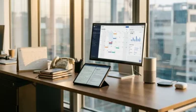Et moderne kontorbord, hvor man går fra analoge genstande som papirkalendere til digitale touchscreen-enheder og smarte sensorer, samt varmt, naturligt lys fra vinduerne