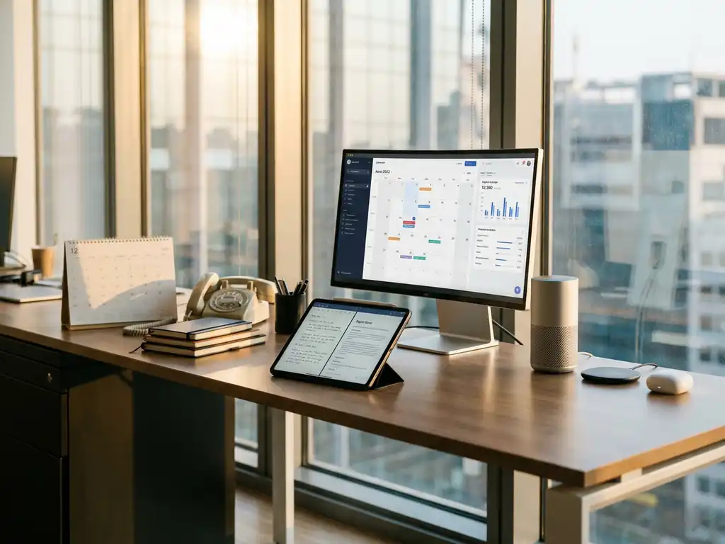 Et moderne kontorbord, hvor man går fra analoge genstande som papirkalendere til digitale touchscreen-enheder og smarte sensorer, samt varmt, naturligt lys fra vinduerne