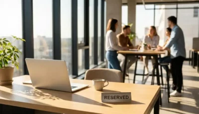 Modern office desk with reserved nameplate next to laptop and coffee cup, colleagues collaborating in bright workspace background