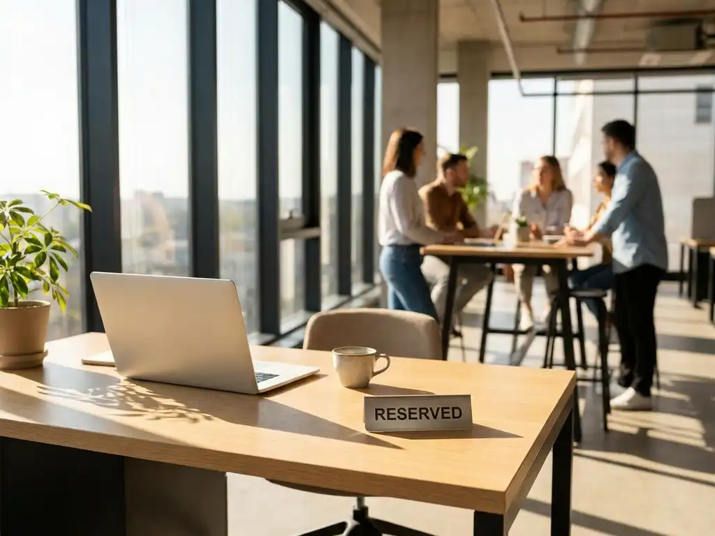 Modern office desk with reserved nameplate next to laptop and coffee cup, colleagues collaborating in bright workspace background