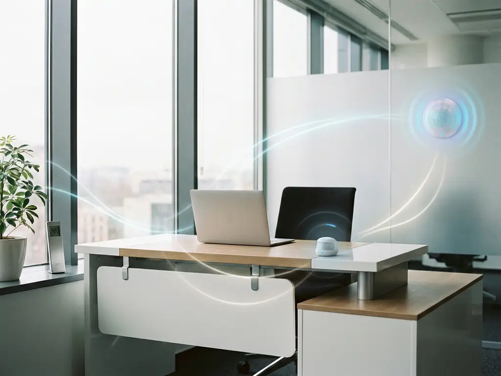 Modern office desk with integrated sensor devices including motion detector, temperature gauge, and occupancy sensor in bright contemporary workspace with natural lighting