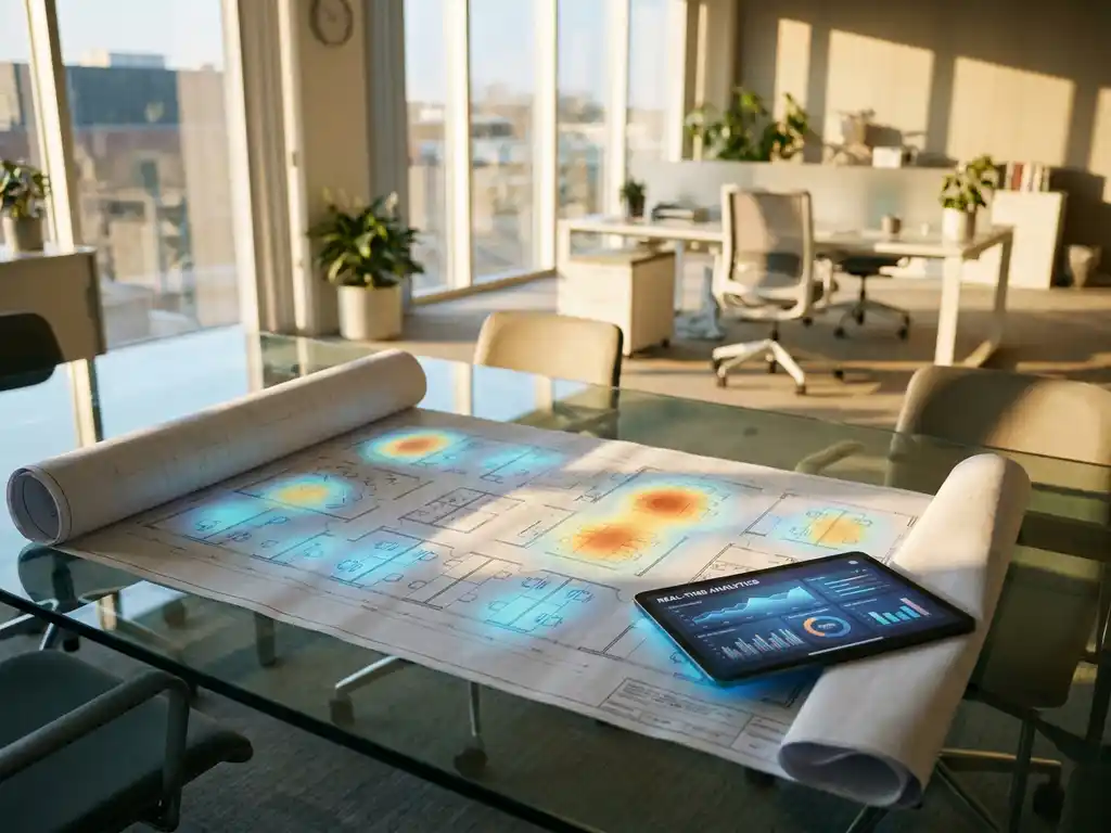 Pianta di un ufficio moderno con una mappa termica colorata sovrapposta al tavolo da riunione in vetro, un tablet che mostra dati analitici in tempo reale e la luce naturale che filtra dalle finestre