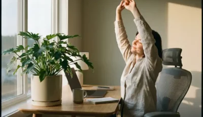 Office worker stretching arms overhead at modern desk with green plant and natural sunlight streaming through windows