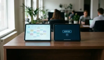 To nettbrett på trebord som viser kalenderplanlegging og bookinggrensesnitt i moderne kontormiljø