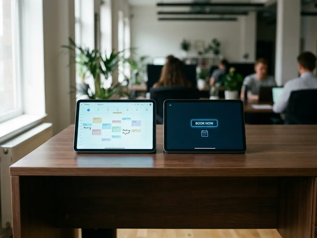 Due tablet su una scrivania di legno che mostrano l'interfaccia per la pianificazione e la prenotazione in un ambiente d'ufficio moderno