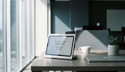 Modern office desk with reservation tablet showing booking interface, laptop, coffee cup, and succulent plant in natural window light.