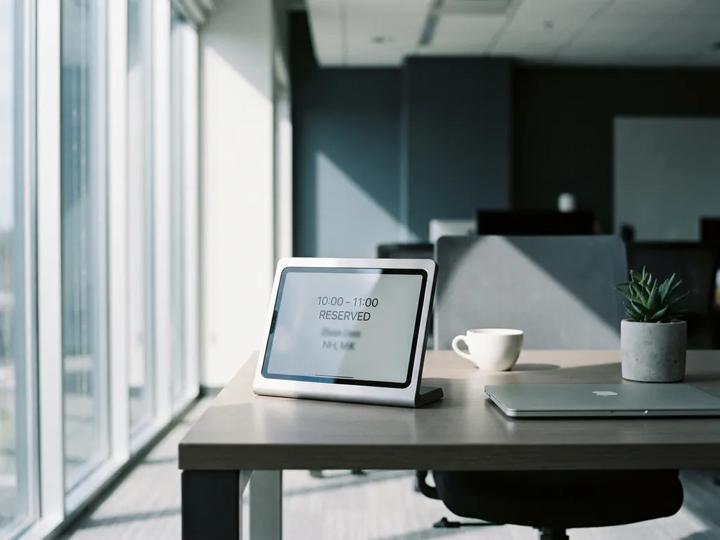 Modern office desk with reservation tablet showing booking interface, laptop, coffee cup, and succulent plant in natural window light.
