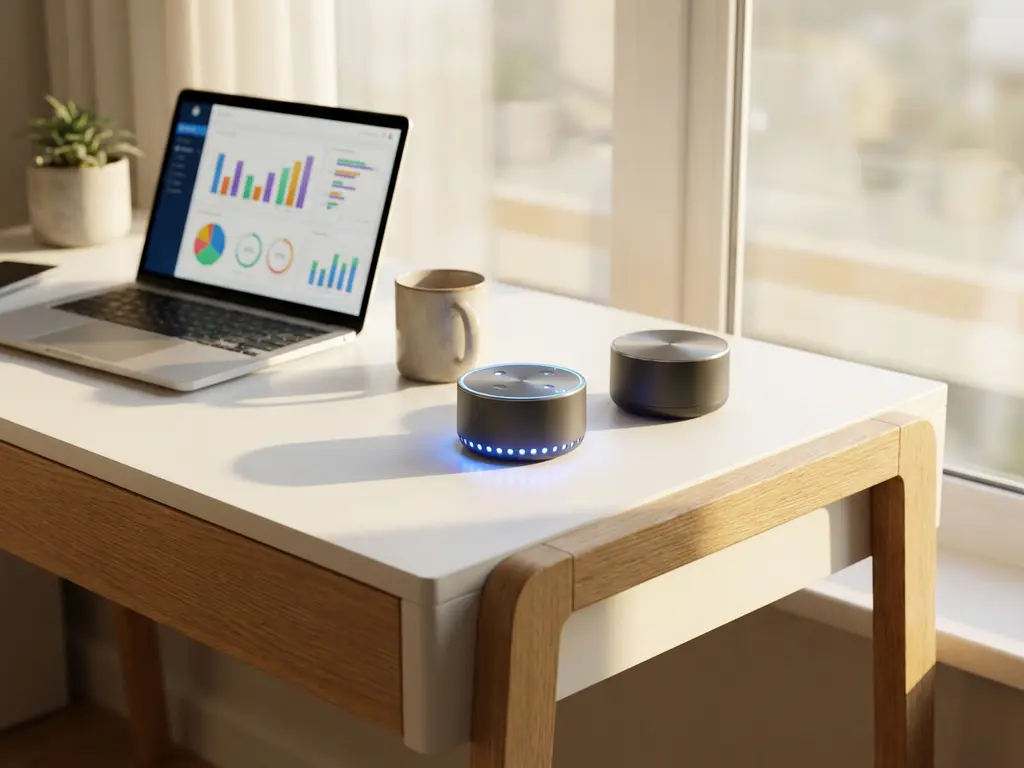Two sensor devices on modern office desk, one with blue LED indicators active, other dormant, beside laptop showing workplace analytics dashboards.