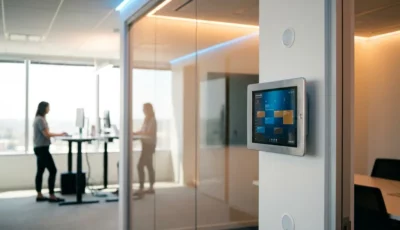 Moderne kontor med en tablet med berøringsskærm monteret ved et konferencerum med glasvægge, LED-belysning og medarbejdere ved justerbare skriveborde