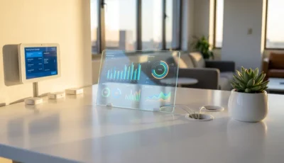 Moderne kontorbord med gennemsigtig bordplade, der viser farverige oversigter over omkostningsfordelingen, smart touchscreen-skærm og trådløse sensorer på en hvid overflade med naturligt lys fra vinduet.