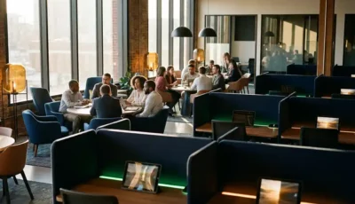 Modern open office with glowing green and amber desk availability indicators, professionals collaborating in bright natural lighting