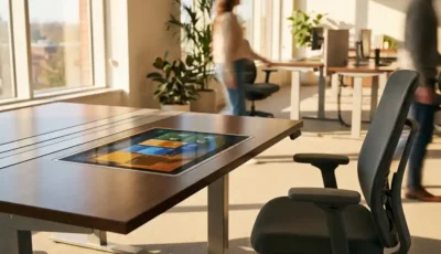 Moderne skrivebord med indbygget tablet med berøringsskærm, der viser et farverigt reservationsinterface, omgivet af højdejusterbare, ergonomiske møbler i naturligt lys