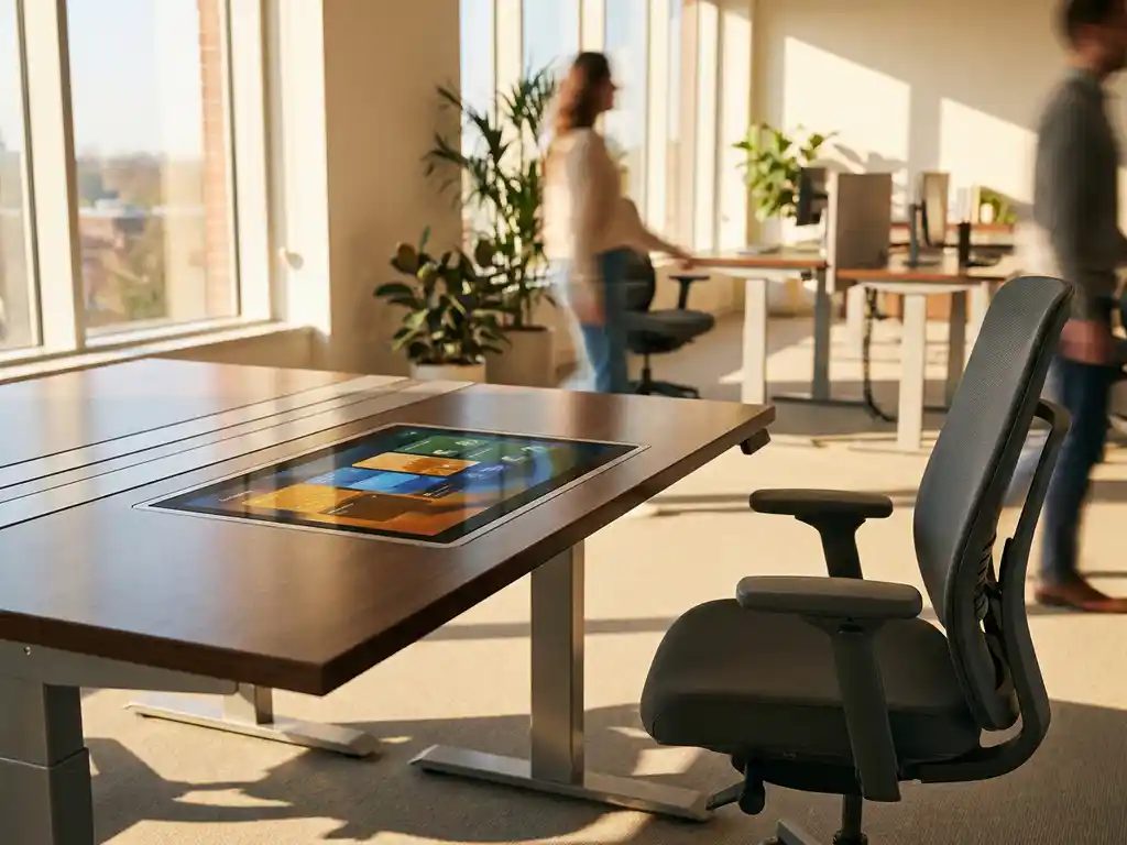 Moderne skrivebord med indbygget tablet med berøringsskærm, der viser et farverigt reservationsinterface, omgivet af højdejusterbare, ergonomiske møbler i naturligt lys