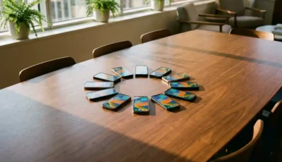 Smartphones arranged in circle on conference table displaying colorful calendar booking interfaces with natural light streaming through windows