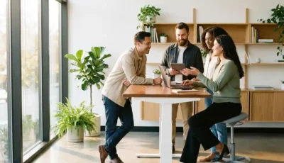 Diverse office workers collaborating around standing desk in bright modern workspace with plants and natural light