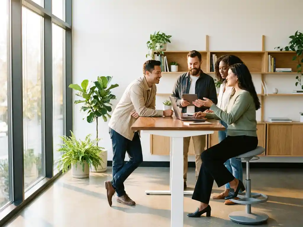 Diverse office workers collaborating around standing desk in bright modern workspace with plants and natural light