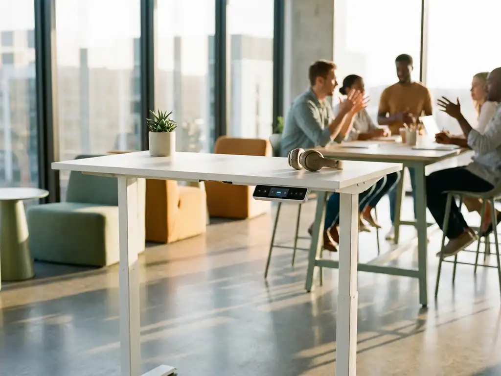 Standing desk with touchscreen height adjustment panel in modern office with natural lighting, succulent plant and wireless headphones on white surface.