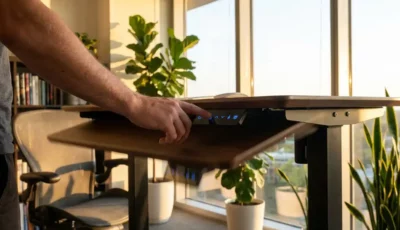 En person, der bruger en touchscreen på et højdejusterbart skrivebord i et moderne kontor med planter og naturligt sollys