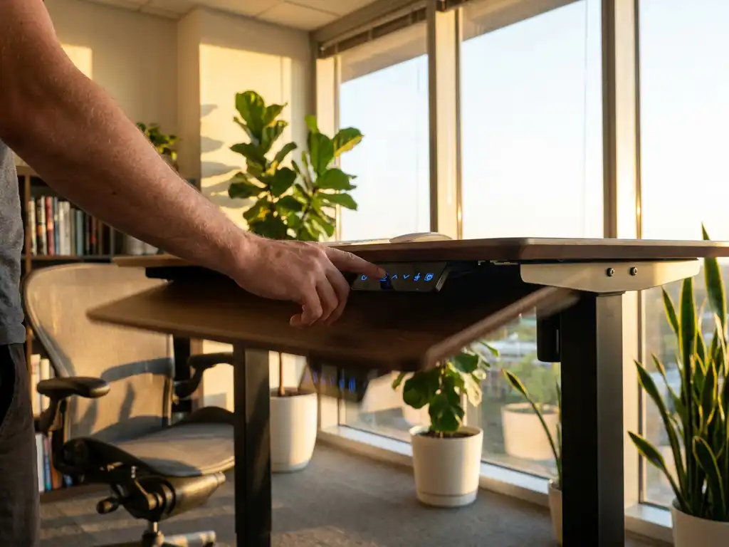 En person, der bruger en touchscreen på et højdejusterbart skrivebord i et moderne kontor med planter og naturligt sollys