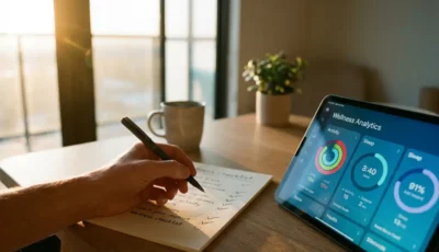 Modern office desk with paper wellness checklist and pen next to tablet showing colorful analytics dashboard in natural sunlight