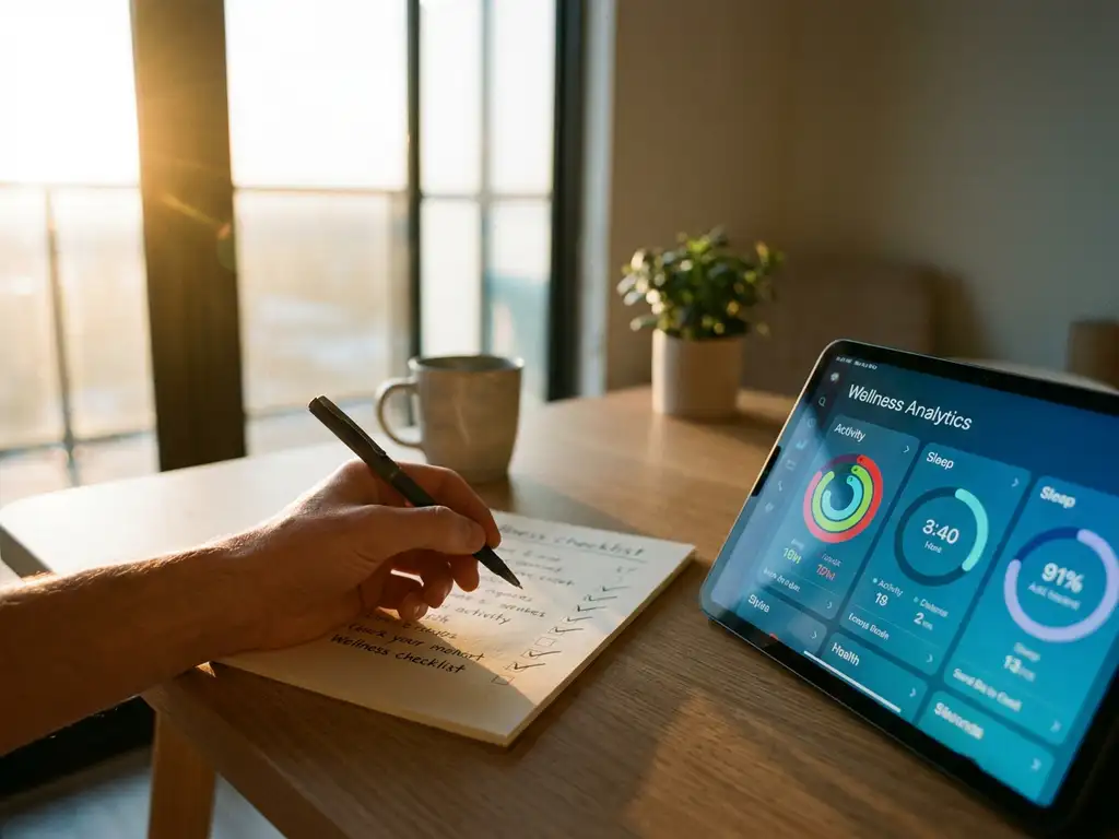 Modern office desk with paper wellness checklist and pen next to tablet showing colorful analytics dashboard in natural sunlight