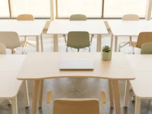 Un bureau ergonomique avec un ordinateur portable et une petite plante succulente dans un bureau ouvert et lumineux, où la lumière naturelle et chaleureuse projette de douces ombres sur les surfaces en bois de frêne.