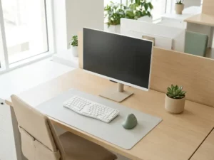 Un poste de travail ergonomique avec un écran réglable à hauteur des yeux, un clavier incurvé, une chaise offrant un bon soutien et une petite plante, dans un bureau lumineux et minimaliste.