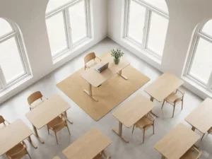 Bureau ouvert au style minimaliste, avec un bureau ergonomique, un ordinateur portable replié et une petite plante en pot, au milieu de bureaux vides aux tons doux de blanc et de vert sauge.