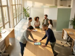 Des collègues d'horizons divers réservent des postes de travail sur une tablette, dans un bureau en open space baigné de lumière, doté de surfaces en chêne et de cloisons en verre dépoli.