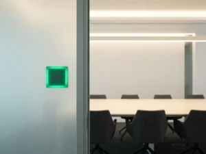 Glowing green availability indicator on a conference room glass panel with empty table and chairs visible inside.