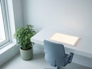 Ufficio domestico in stile minimalista con una pianta in vaso accanto a una scrivania bianca, un pannello touchscreen luminoso e una sedia ergonomica, il tutto illuminato da una morbida luce naturale.