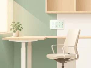 Coin de bureau moderne et lumineux, équipé d'un fauteuil ergonomique, d'un bureau debout minimaliste et d'une petite plante d'intérieur, dans des tons vert sauge et blanc chaud.