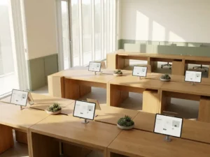 Ufficio minimalista a pianta aperta con scrivanie in rovere, una composizione di piante grasse al centro della stanza e un tablet sottile su cui è visualizzata un'interfaccia di prenotazione, il tutto illuminato dalla morbida luce del mattino.