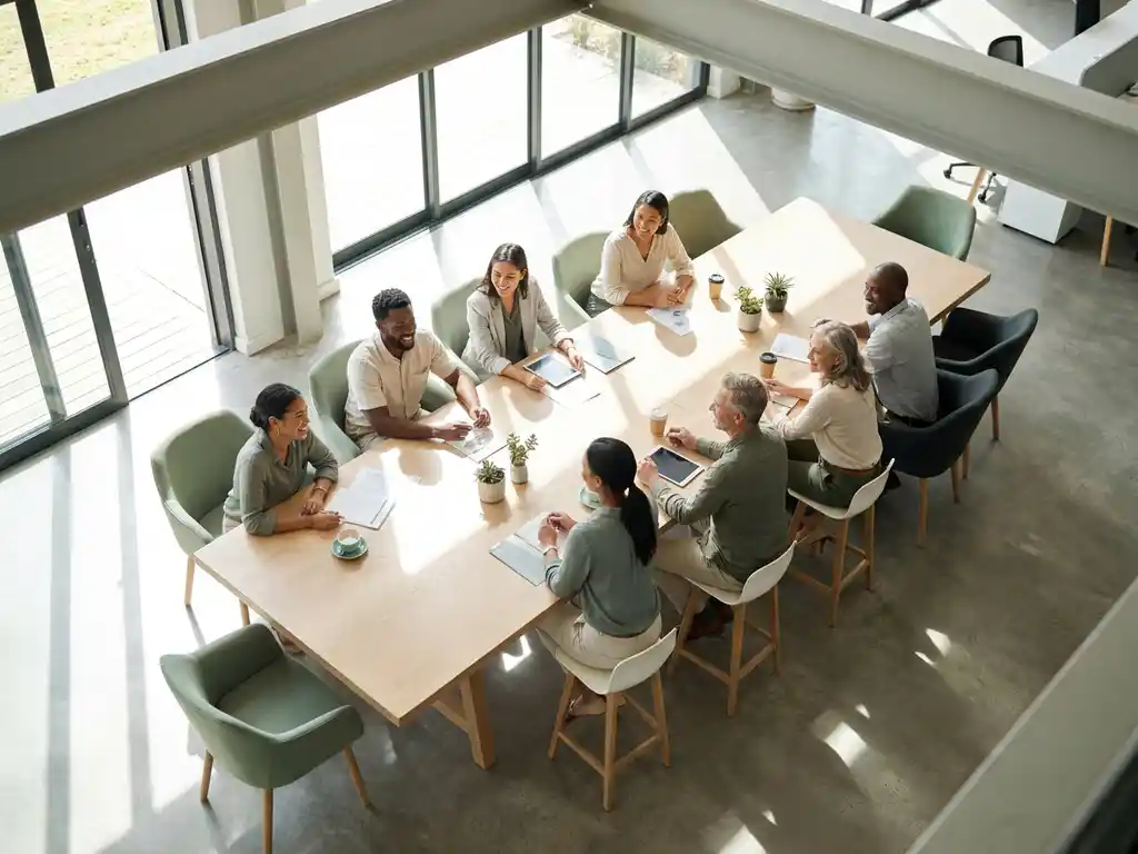 Diverse team collaborating around a wooden table in a sunlit modern open-plan office with sage green and warm white tones.