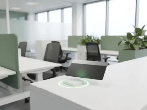 Une carte NFC placée au-dessus d'un lecteur de bureau blanc qui brille d'une lumière verte, dans un bureau moderne en open space baigné de lumière naturelle.