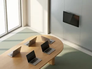 Ein geschwungener Konferenztisch aus Eiche mit geöffneten Laptops und einem Touchscreen-Bedienfeld aus Milchglas, der vom Morgenlicht durch die raumhohen Fenster durchflutet wird.